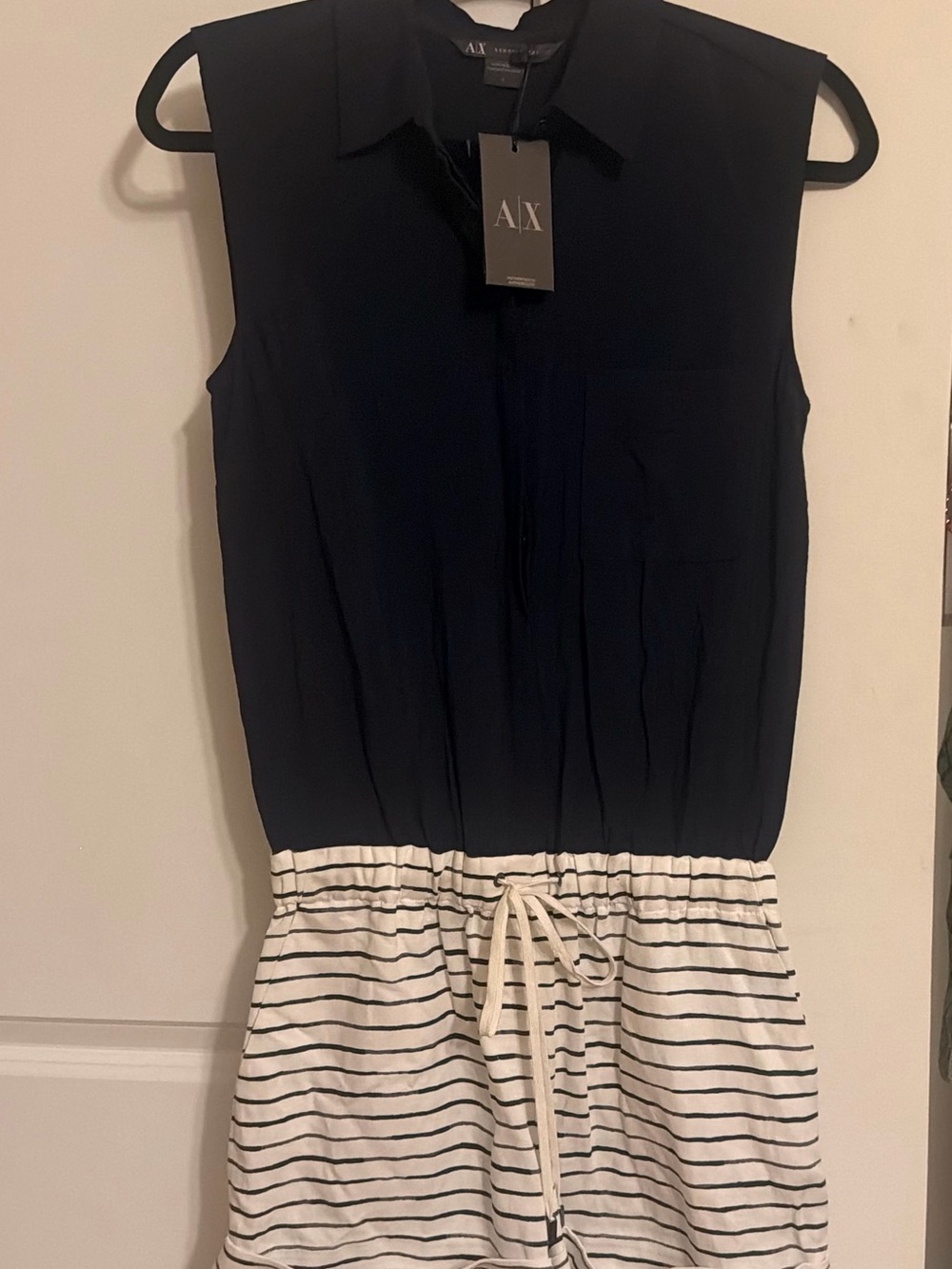 Armani Exchange Navy and White Sleeveless Striped Romper